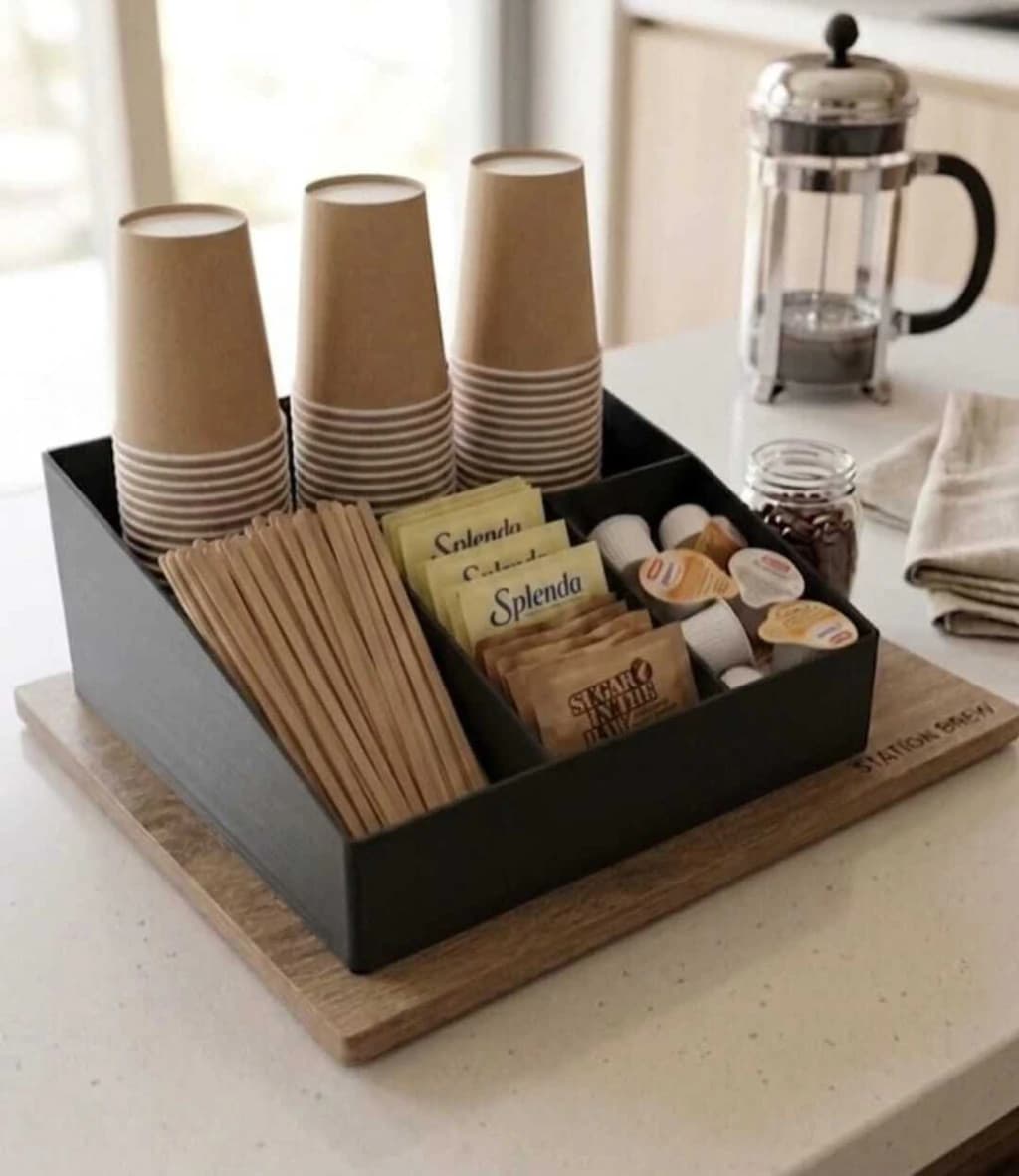 Estación de café impresa en 3D sobre una mesada